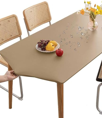 Mateju Tovaglia Rettangolare, Tovaglia con Bordo Elastico Tovaglie Protezione Tavolo, Copri Tavolo per Occasioni Natale da Tavola Giardino Esterno PVC Impermeabile (90x150cm,Cachi)