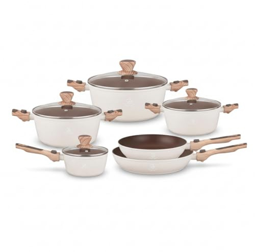Royal Swiss® 13-teiliges Kochgeschirr Set – Töpfe, Pfannen & Kasserolle mit 9 abnehmbaren Griffen – Induktion geeignet – Antihaft Marmor Beschichtung – PFAS-frei – Beige (Beige, 13 pcs)