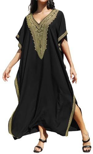 L-Peach Vestido Kaftan Maxi de Playa con Bordado para Mujer, Ropa de Descanso, Ropa de Casa, Cubrebañadores Holgados, Batas, Altoa única