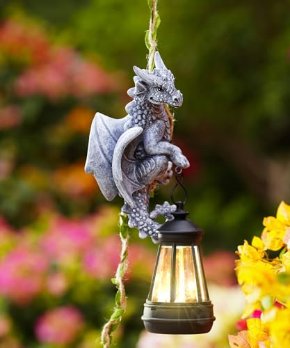Statues d'extérieur à lumière solaire, 16,3 cm de haut, dragon grimpant sur une vigne de 60 cm avec lanterne LED, figurine d'animal à suspendre imperméable avec crochet pour cour, jardin, mur, balcon,
