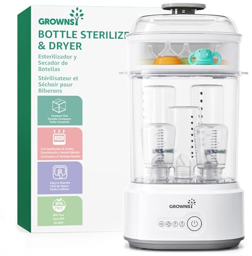 Grownsy Electric Steam Baby Bottle Steriliser and Dryer, Removes 99.9% of Bacteria, Bottle Sterilizer for Baby Bottles, Pacifiers, Pump Parts and Feeding Accessories