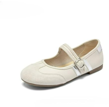 MACEFIL Women's Sporty Mary Jane Shoes Retro Ballet Flats Comfortable Soft Sole Walking Sneakers Suede Toe Casual Loafers (Beige,5.5)