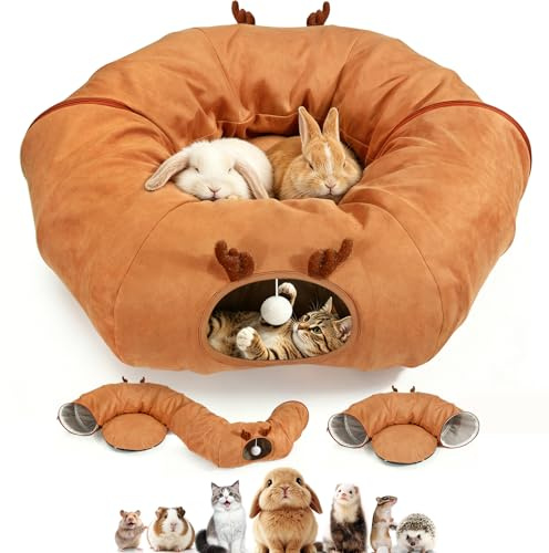 3 en 1 Lit Tunnel pour Lapins, Rond Tunnel avec lit Pliable avec Coussin