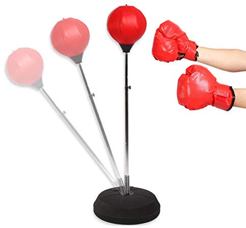 Boxsack Stehend Verstellbare Punchingball für Kinder Erwachsene Standboxsack Set für Jugend Speedball Boxtraining Standboxball mit Boxhandschuhen und Ständer Set, 120-150 cm, Rot