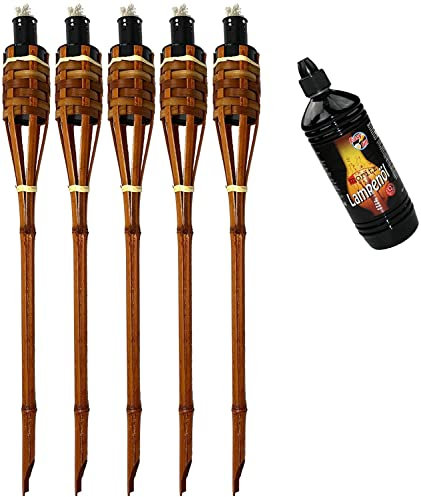 Moritz Lot de 5 torches de jardin en bambou Marron foncé 90 cm + 1 x 1000 ml