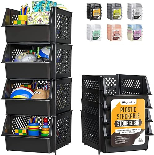 Skywin Stackable Storage Baskets Pack Of 4, Open Front | Open Front Organiser Crates For Kitchen, Larder And Garage, Stackable Plastic Baskets, Pack Of 4, Plastic Organiser Crates