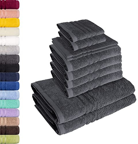 Lavea 10-teiliges Handtuchset Elena aus 100% Baumwolle - Anthrazit, 4 x Handtuch, 2 x Duschtuch, 2 x Gästetuch, 2 x Waschhandschuh, Handtücher Set weich, saugstark & pflegeleicht – Oeko-TEX