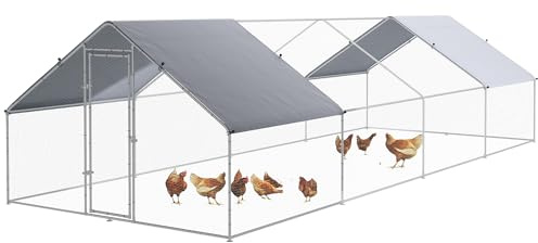PawHut Large Chicken Coop Metal Chicken Run with Waterproof and Anti-UV Cover, Spire Shaped Walk in Fence Cage Hen House for Outdoor and Yard Farm Use, 1.26 Tube Diameter, 9.8' x 26.2' x 6.4'