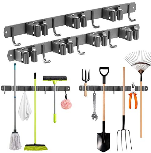 devesanter Broom mop Holder Stainless steel mop holder wall mounted self adhesive，2 pcs tool organiser wall mounted with 7 trestle 7 Hooks for Brush Mop Broom and Tool Storage（gun gray）