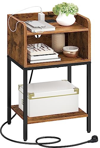 HOOBRO Nachttisch, Beistelltisch mit Ladestation, Nachtschrank mit 2 AC-Anschlüssen, 2 USB-Anschlüssen, für Schlafzimmer, Wohnzimmer, Vintagebraun und Schwarz EBF38CBZ01