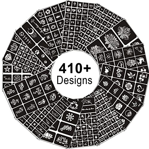 Lot de 15 pochoirs de tatouage temporaire + 410 pochoirs à paillettes au henné, maquillage pour enfants et adultes, fête d'Halloween