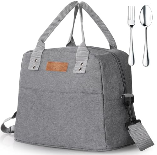GeeRic 7.5L Borsa Termica+Forchetta+Cucchiaio con Tracolla Regolabile Impermeabile Prova Perdita Riutilizzabile Borsa Frigo Porta Pranzo Organizzatore per Picnic Scuola Ufficio Adulto Bambini Grigio