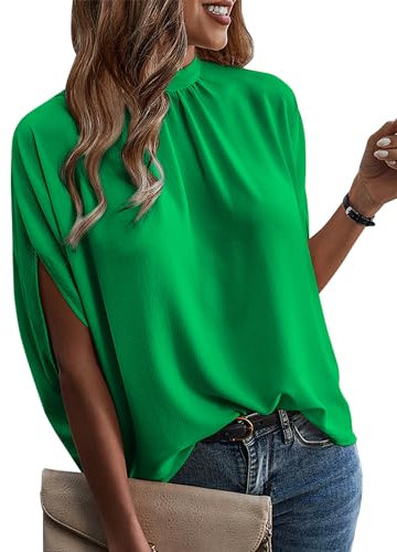ONAYEYO Damen Elegant Bluse Casual Lose Tunika Shirt Hinten Schnüren Verspotten Nacken Dolman-Ärmel Oberteil T Shirt Sommer Einfarbig Top (S, Grün)