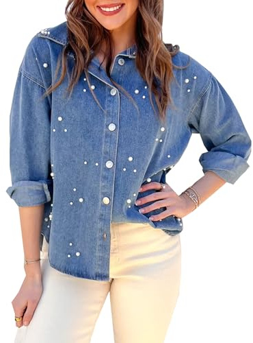 Women's Oversized Denim Shirt Button Down Pearls Jean Jacket Long Sleeve Rhinestone Shacket Casual Blouse Tops Blue a