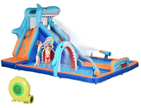 Outsunny 6 in 1 Castello Gonfiabile per Bambini 3-8 Anni, Gioco Gonfiabile con Gonfiatore, Parco Acquatico con Scivolo, Piscina e Parete da Arrampicata, 440x350x240 cm