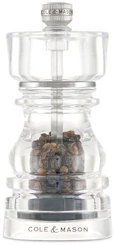 Cole & Mason London - Macinapepe in acrilico, meccanismo di precisione + carbonio, macinapepe con macinino regolabile, 130 mm, meccanismo a vita
