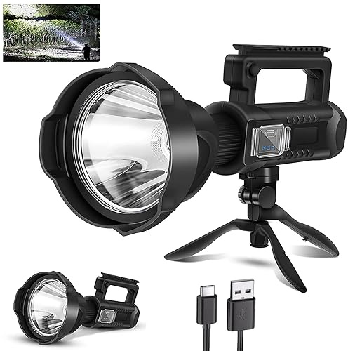 Rechargeable Spotlight, 2,000,000L High Lumens Led Spot Lights Outdoor Handheld Super Bright Long Range Powerful Flashlight with 4 Modes, Tripod, USB C, IPX5 Waterproof for Fishing Boating Camping