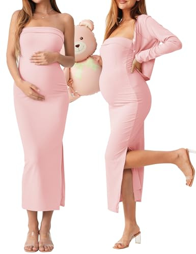 QUNISY 2 Piece Maternity Dress Cardigan Set, Strapless Bodycon Maxi Tube Dresses Long for Baby Shower Photoshoot Formal, Pink L