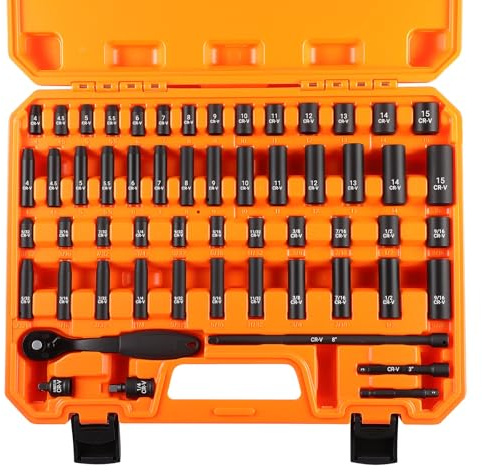 Pamatio 1/4 Drive Impact Socket Set, 56 pcs Deep Impact Socket Set, 8mm - 24mm, Metric, 6 Point, CR-V Steel Socket Set, 1/4 Drive Ratchet Handle, 3 and 8 Drive Extension Bar