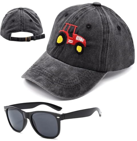 FCXVXCL Tractor Casquette de Baseball pour Enfant,Tractor Casquette et Lunettes de Soleil Chapeau de Soleil Casquettes Broderie de Baseball Réglable for Enfants 3-8 Years Old