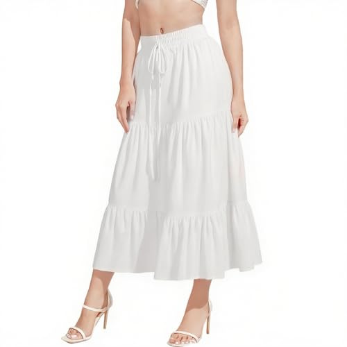 DiULi Donna Gonna Lunga Estiva, Gonna Donna Pieghettato Retro Maxi 2 in 1 Elegante Elastico Vita A-Linea Bohemien Sciolto Abiti da Spiaggia Vacanze Estate Casual, Bianco-XL