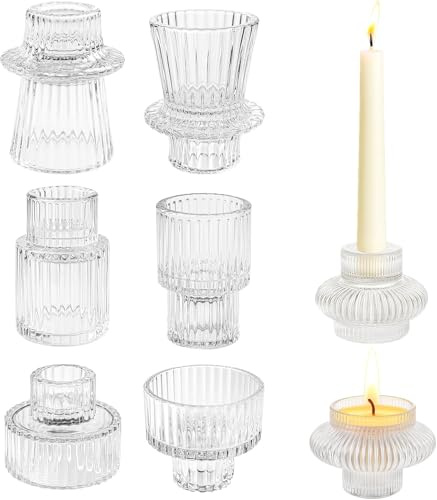 Ferenando Lot de 8 Bougeoir Verre Transparent Réversible pour Bougies et Bougies Chauffe-Plat, Photophore Verre Strié, Chandelier Bougeoir Réversible pour Décoration de Table Mariage Noël Fête