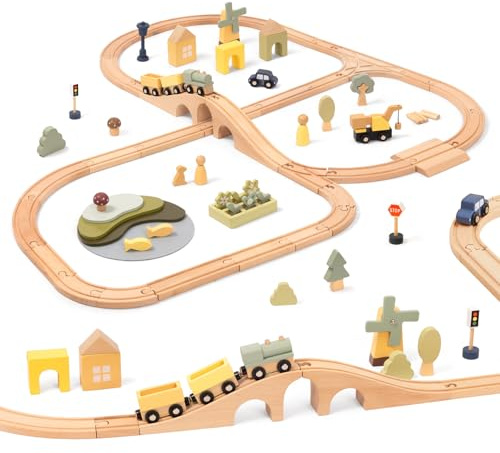 OOOK Multi-Scenario Wooden Train Set,All Wood Accessories Train Set for Toddlers 3 Years Old, Multi-Scenario Train Toy for 3 4 5 Years Old Girls & Boys