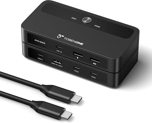 TobenONE USB C KVM Switch 1 Monitor 2 Computers 4K@120Hz HDMI, KVM Switches 2 Computers with 3 USB Devices and 100W PD Charging, Button Control Suitable for Windows/Chrome OS/MacOS, Plug and Play