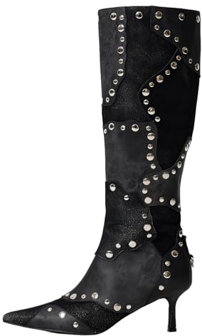 Women's Knee High Stiletto Boots – Pointed Toe Rivet Tall Boots with Side Zipper, Sexy High Heel Dress Boots for Party Nightclub Evening Clubwear Fall Winter Fashion Booties (Suede Black, 6, Adult, Women, 6, Numeric, US Footwear Size System, Medium)