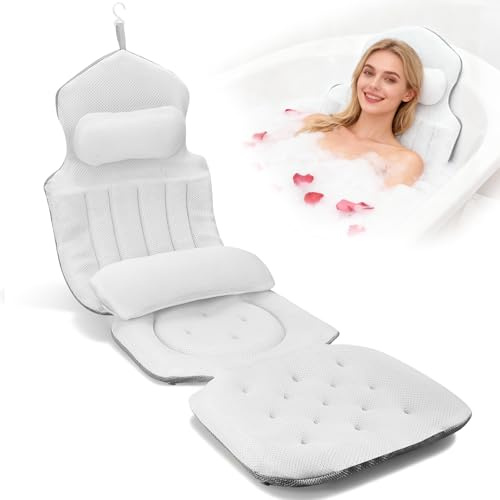 Cuscino per Vasca da Bagno per Tutto il Corpo, Tappetino Completo da Bagno 131x38cm con Poggiatesta e Cuscinetto Lombare Rimovibile, Supportare Testa, Collo, Schiena, Asciugatura Rapida(Bianco)