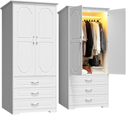 FJTJBSI Armoire Wardrobe Closet with 3 Drawers and LED Light 72 Wooden Bedroom Armoire with 2 Doors and Retro Ceramic Door Handles Modern Wardrobe Cabinet with Removable Hanging Rod White