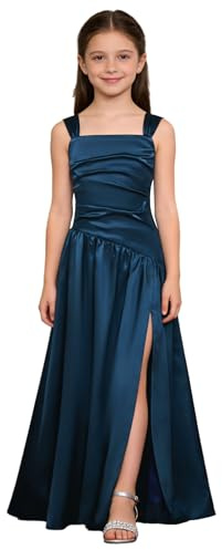 Agoky Junior Girls Bridesmaid for Teens Ruched Long Maxi A Line Split Satin Flower Girl Formal Gown for Wedding