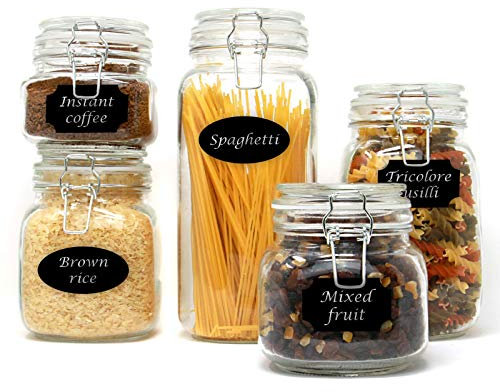 Clip Top Glass Jars Set of 5 with Labels & Chalk Pen | Airtight Food Storage Jars for Pasta Rice Flour Tea Coffee | Assorted Sizes | Dishwasher-Safe Glass | Pantry Organisation | Maison & White