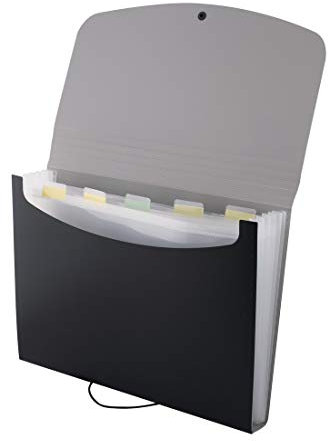 D.RECT 5566 Fächermappe Ordnungsmappe Erweiterbar Tragbar Aktenordner Dokumentenmappen, runder Gummizug mit Verschlussknopf, für Haus, Schule und Arbeitsreise 6 Fächer A4 Schwarz