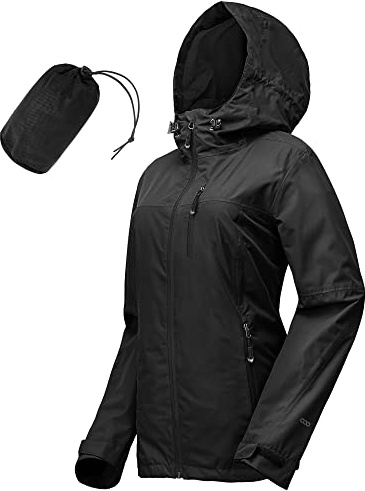 33,000ft Women's Lightweight Waterproof Jacket Packable Hooded Rain Jacket Breathable Windbreaker Softshell Raincoat for Outdoor Running Walking Hiking (Black-M/UK 12)