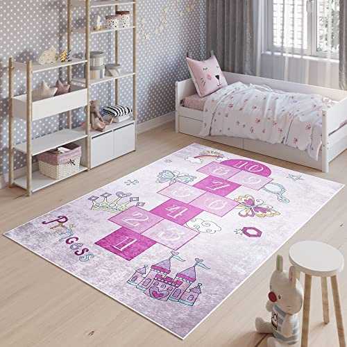 TAPISO Emma Teppich Waschbar bei 30 Grad Rosa Hüpfspiel bedruckter Kinderteppich Antirutsch Kinderzimmer Jugendzimmer Modern ÖKO-TEX 140 x 200 cm