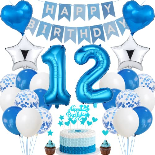 Jrzyhi 12. Födelsedagsdekoration, blå tårtdekoration födelsedag 12 år pojke, festdekoration silver, 12-årsdag flicka pojke, tårtdekoration 12. Födelsedag pojke flicka, födelsedagsdekoration 12 år