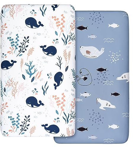 2 Stück Jersey Spannbetttuch für das Kinderbett, 100% Mikrofaser- Atmungsaktiv, 120 x 60cm Öko-text100 Gemütliche und leichte Baby Bassinet Laken, Passend für alle Bassinet Matratzenformen（Wale）