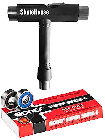 Bones Super Swiss 6 Skateboard, Longboard, and Roller Skate Bearings (8 Pack) Bundled with a Free SkateHouse Skateboard T-Handle Tool