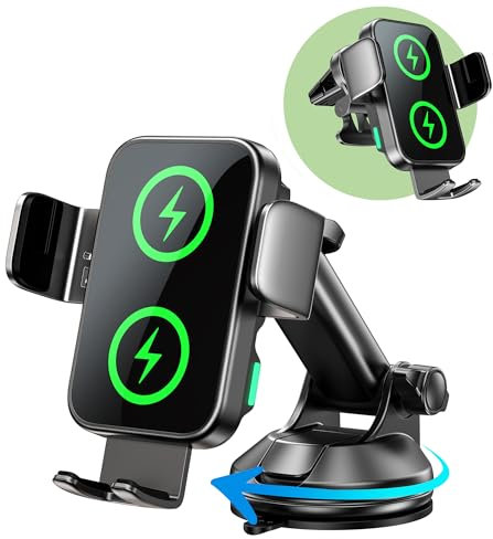 GuMosh 15W Handyhalterung Auto mit Ladefunktion, [Doppelspule] [360° Automatische Klemmung] Induktive Ladestation Auto Wireless Charger für Lüftung+ Saugnapf, Kfz Ladegerät für iPhone 17-12/Samsung