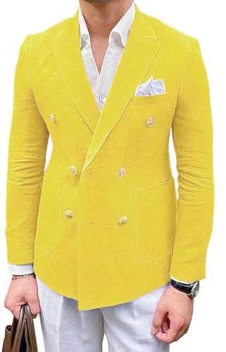 Oanviso Blazer Uomo Retro Cappotto Casual Giacca Leggera con Bottone Elegante Completo di Giacca Classico Blazer Colore Solido Cappotto da Abito Blazer Uomo per Cena Matrimonio Festa A Giallo L