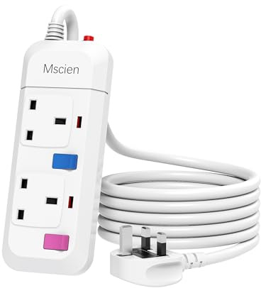 Mscien 3M Extension Lead 2 Way Plug Sockets with Individual Switches Overload Protected Power Strip Wall Mountable 3 Metre Extension Cable