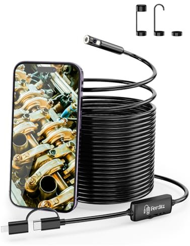 Ferdiiz Endoscopio Industrial de Doble Lente 1920P HD IP67 con 8+1 Luces LED Ajustables, Camara Endoscopica Sin WiFi para Android y iOS, Cámara de Inspección Cable Semi-Rígido (32,8 FT/10M)