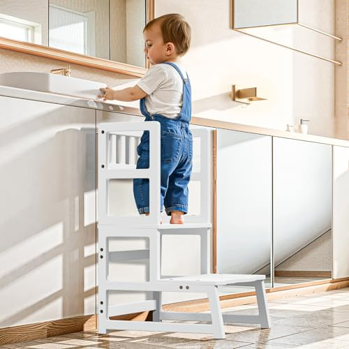 COSYLAND Step Stool for Toddlers - Two Step Stools Toddler with Safety Non-Slip Design, Step Stool for Bathroom, Kitchen Dual Height Step Stools for Kids children White