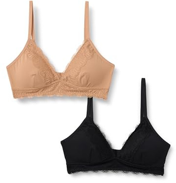 Amazon Essentials Soutien-Gorge à Col en V Bordure en Dentelle Doublée en Microfibre Pêche Femme, Lot de 2, Bronze Lavé/Noir, L