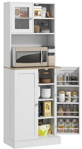 HOMCOM Credenza Cucina Alta con Armadietto, Piano Portamicroonde, 8 Ripiani su Ante, Mobile Dispensa Stretto con Ante in Vetro e Mensole Regolabili, per Soggiorno, Sala da Pranzo, 60x35x169 cm, Bianco