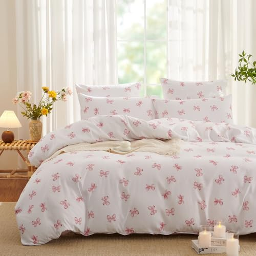 Freyamy Housse de Couette 220x240 Blanc Rose Nœud Papillon Parure de lit 2 Personne en Microfibre avec Fermeture Éclair Réversible Linge de Lit avec 2 Taie d'oreiller 65 x 65cm pour Filles Femmes