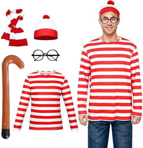 Alaiyaky Conjunto de camiseta a rayas rojas y blancas para niños adultos, disfraz de los años 90 con gorro, gafas, calcetines a rayas, disfraces de Halloween, traje del día del libro para niños, niñas