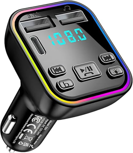 Bluetooth 5.3 FM Transmitter Car Adapter (PD 20W & QC3.1) [Light Switch] [HiFi Bass Sound] [Fast Charging] Wireless Radio Music Adapter LED Display Hands-Free Calling Support USB Drive