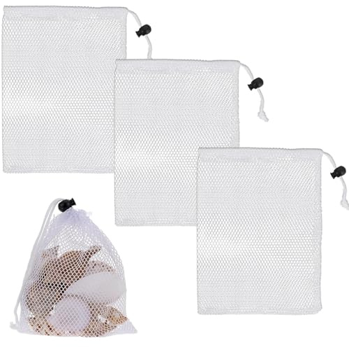 3Pcs Mesh Drawstring Bags, 11.8X15.7in White Portable Mesh Laundry Bag Nylon Net Organizer Storage Bag with Cord Lock Closure Sack for Beach Swimming Pool Kitchen Tennis Ball Golf Jewelry Toys Gifts